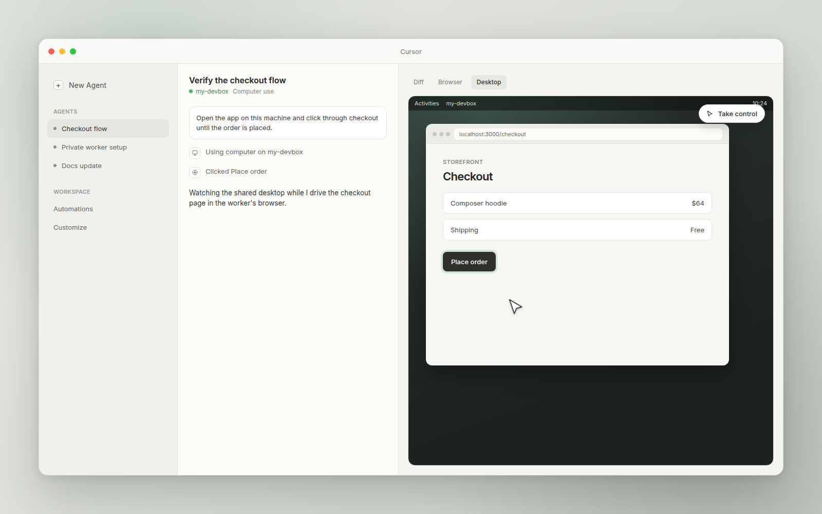 Cherri Code showing a worker's shared desktop with Take control