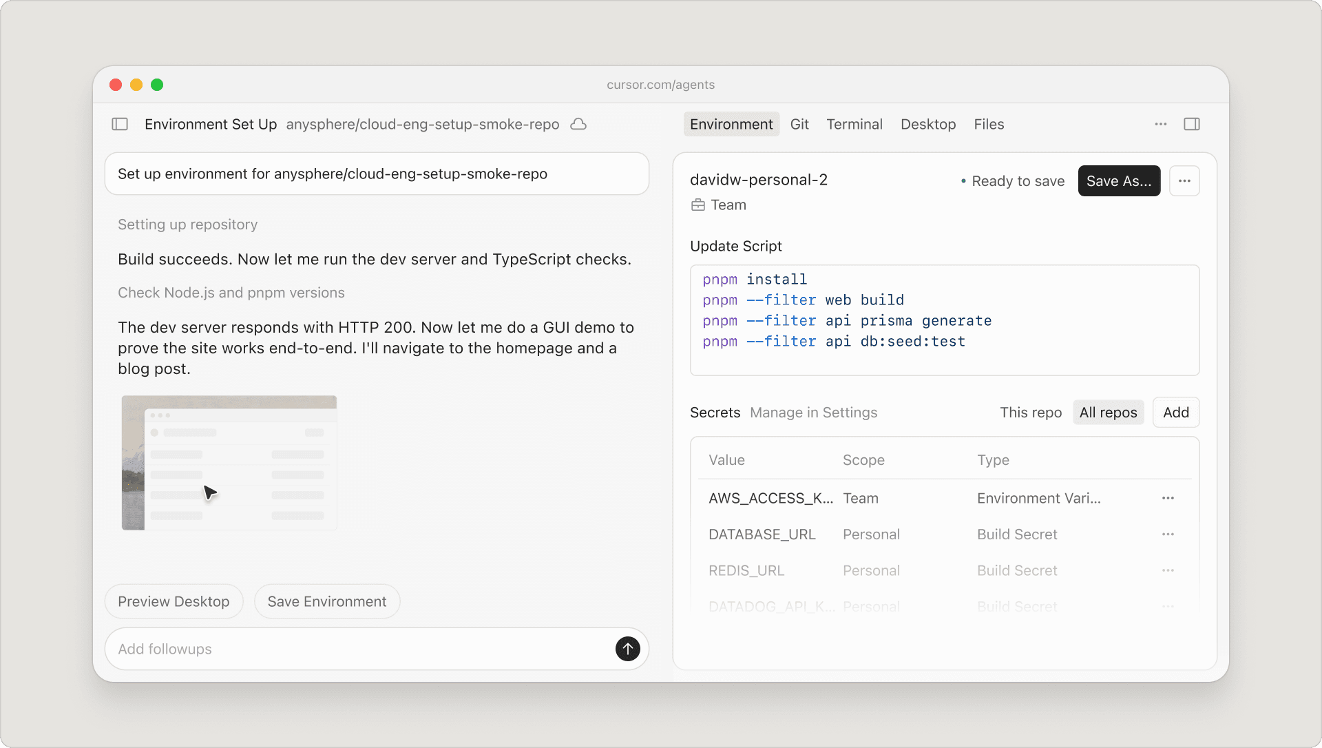 Cherri Code asking questions and validating a cloud agent development environment setup
