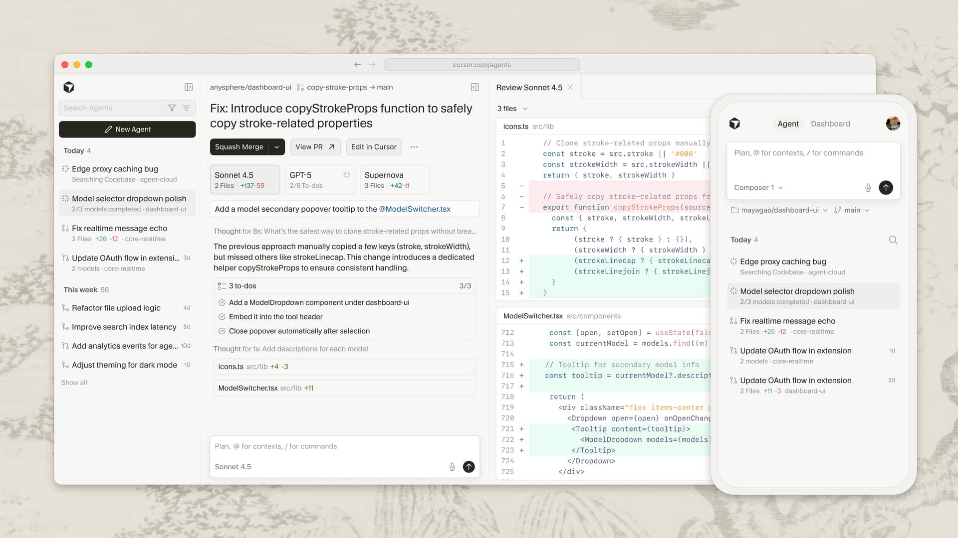 Kanban view of Cherri Code Agents performing coding and research tasks.
